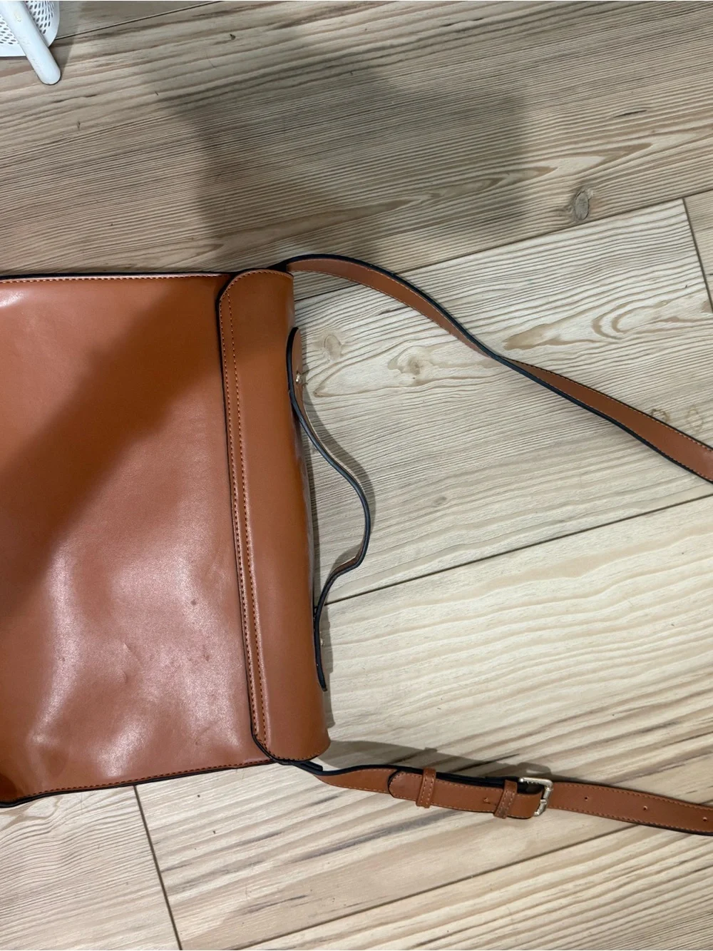 Archival Tan Leather Satchel with‎ Red Tartan Front Pocket